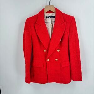 Zara Red Tweed Double Breasted Blazer Gold Buttons XS Holiday Party Chic